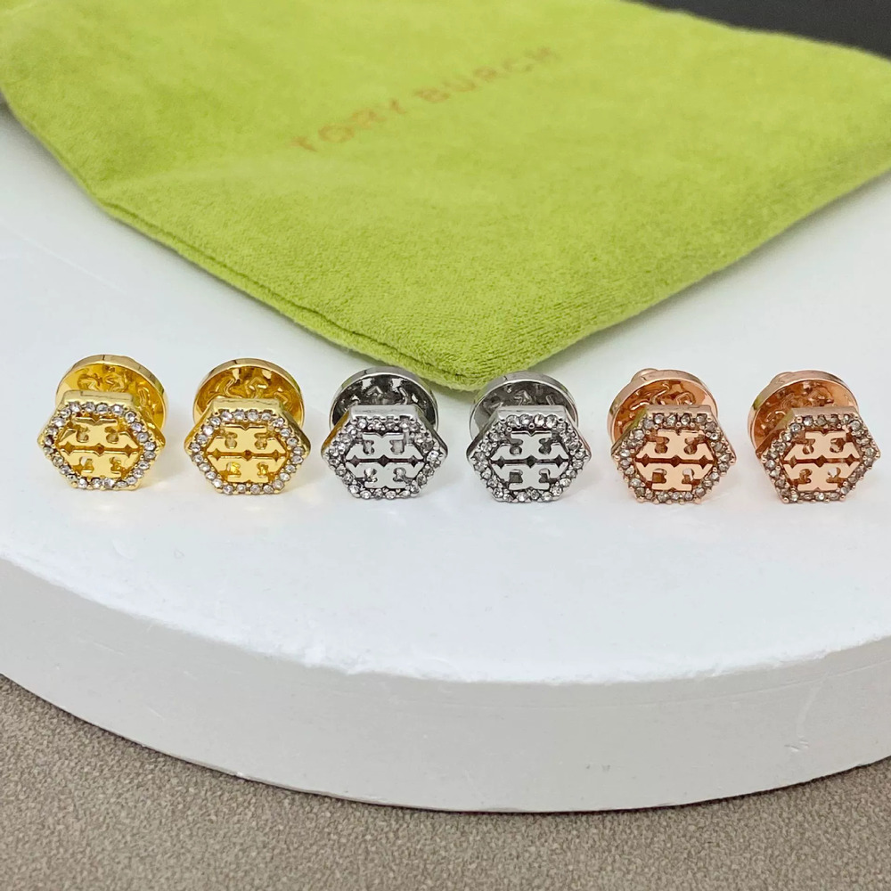 Tory Burch Gold Plated Copper Rhinestone Hexagon Stud Earrings